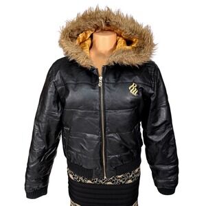 Rocawear Black Vintage Leather Puffer Jacket with Fur Hood & Gold Logo Size XL